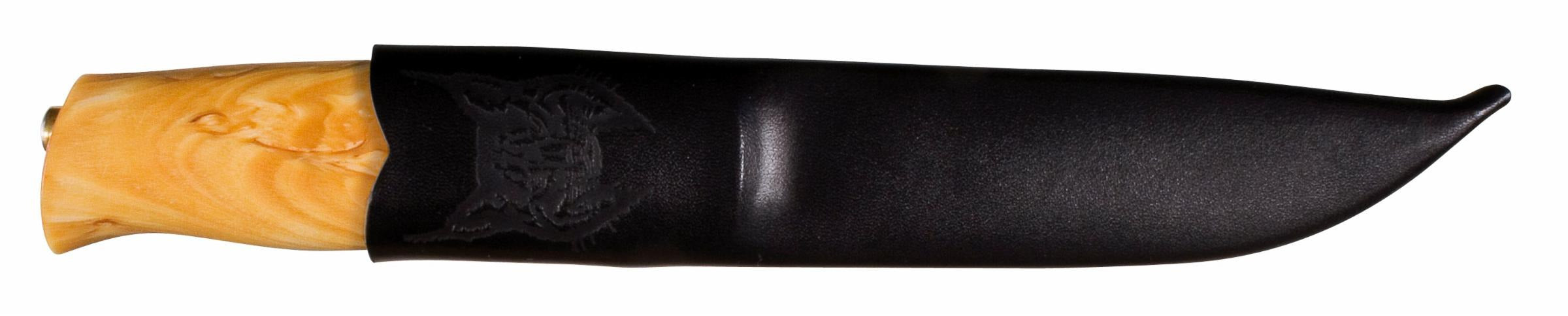 Hunting knife with olive wood handle and black leather sheath, ideal for outdoor survival and field use.