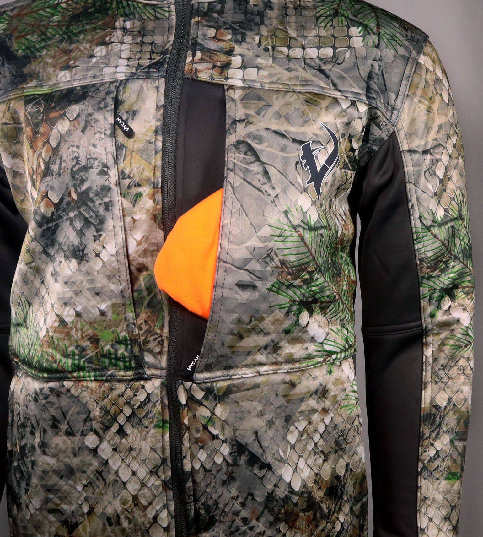 Vycah Kinsley Jacket chest pocket opened to show the blaze orange pocket interior