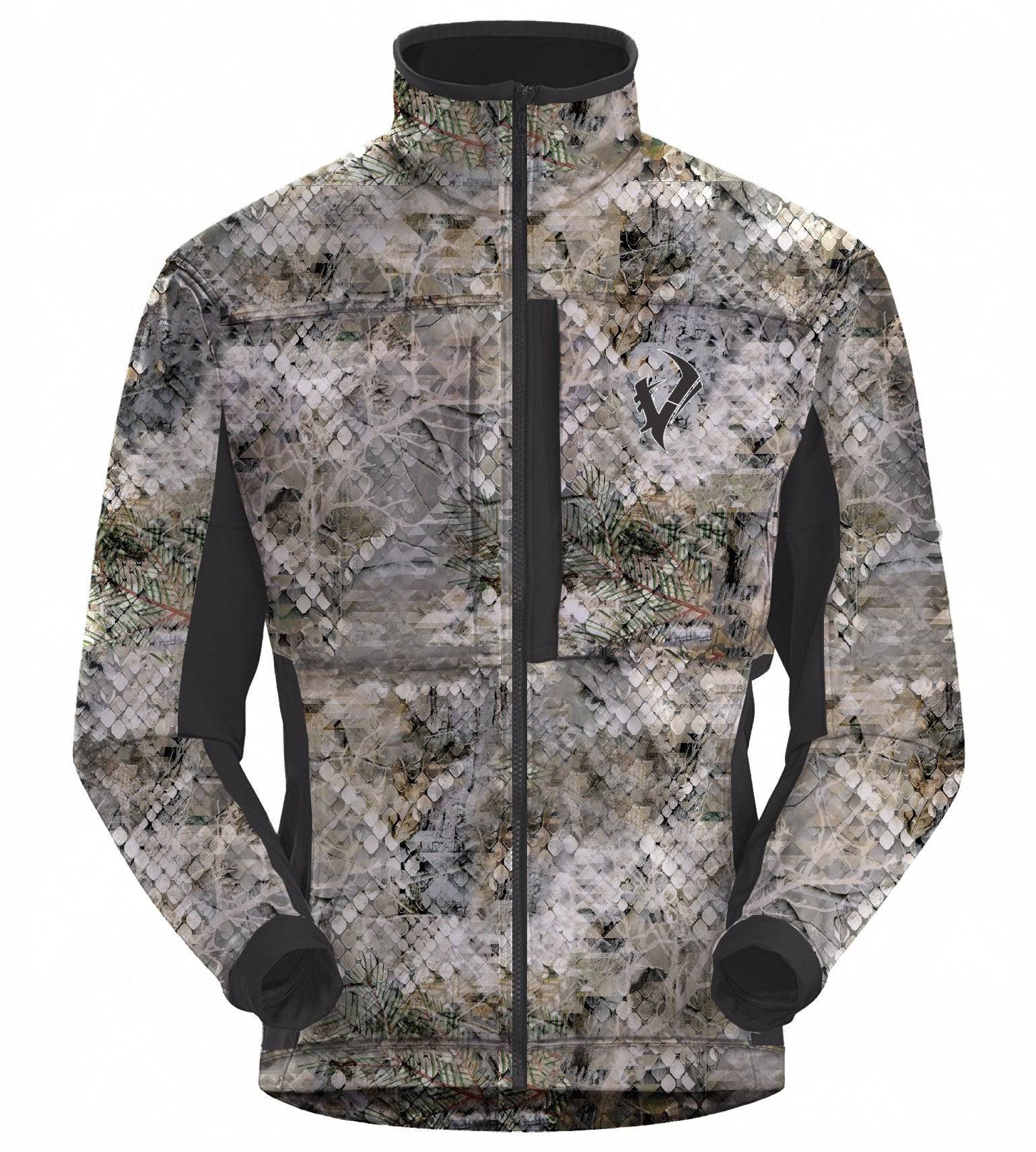 Vycah Kinsley Jacket in Fall camo, front view with double-zip chest pockets and black sleeve panels