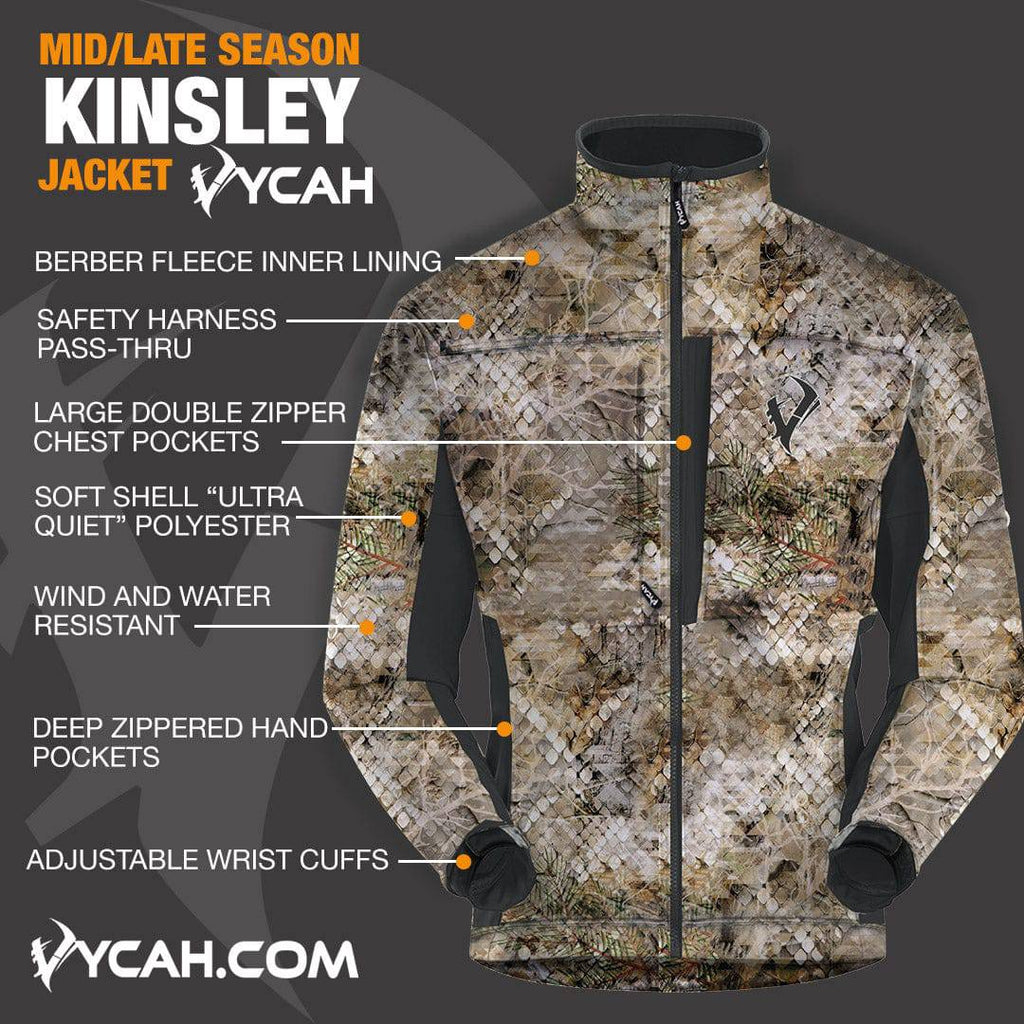 Vycah Kinsley Jacket features: Berber fleece inner lining, safety harness pass-thru, large double zipper chest pockets, Ultra Quiet soft shell polyester, wind and water resistant, deep zippered hand pockets, adjustable wrist cuffs
