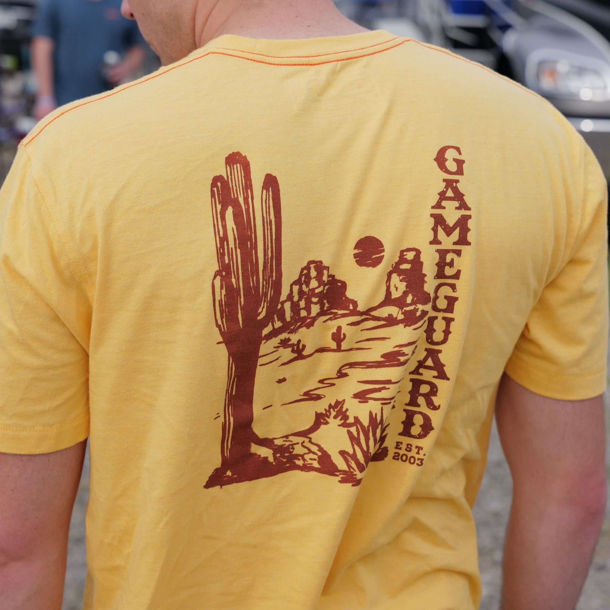Yellow GameGuard t-shirt with desert cactus graphic, outdoor hunting apparel