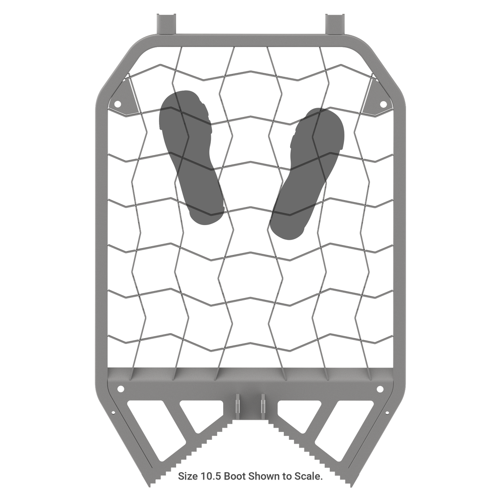 Gray metal boot rack with hex grid, holds size 10.5 boots, outdoor gear storage