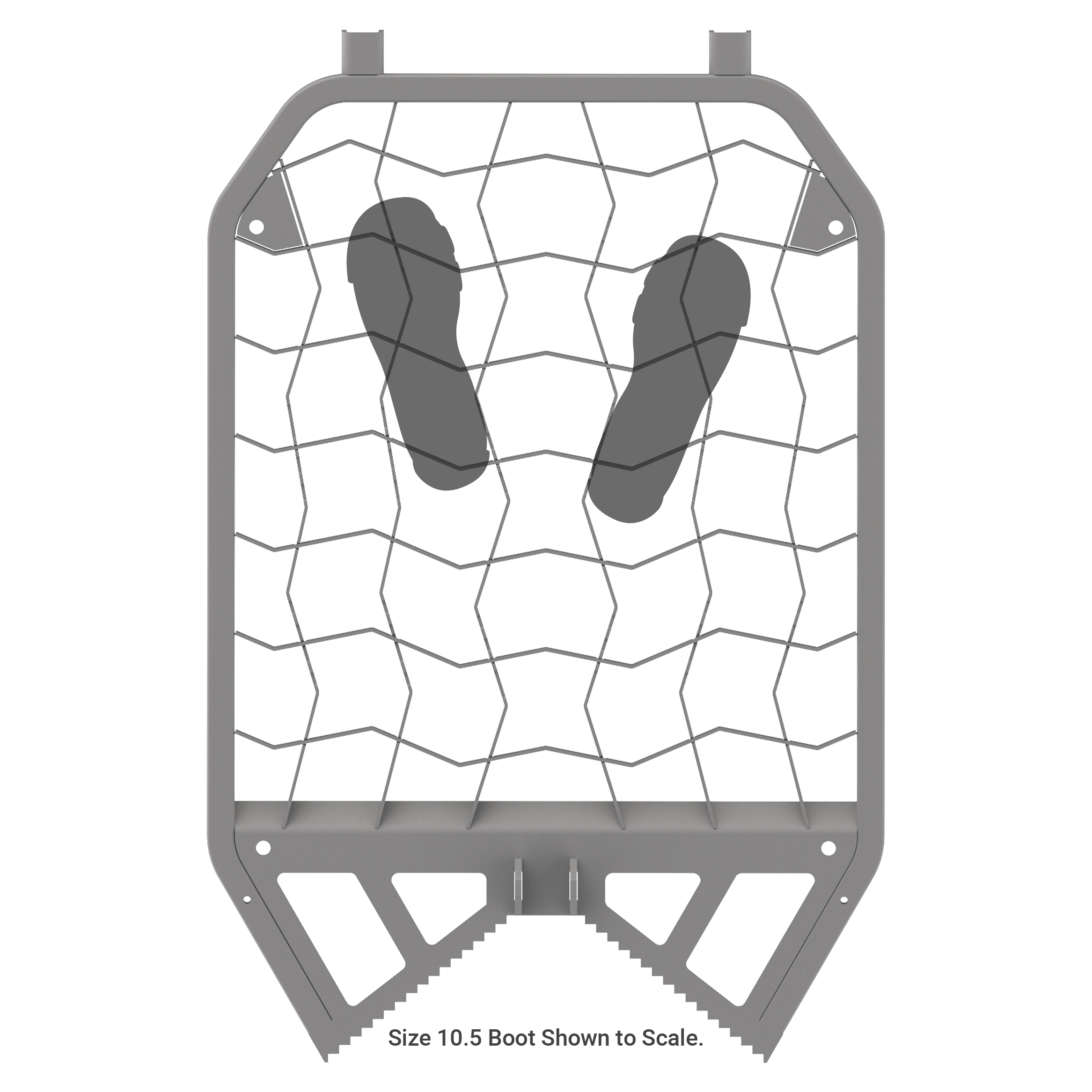 Gray metal boot rack with hex grid, holds size 10.5 boots, outdoor gear storage