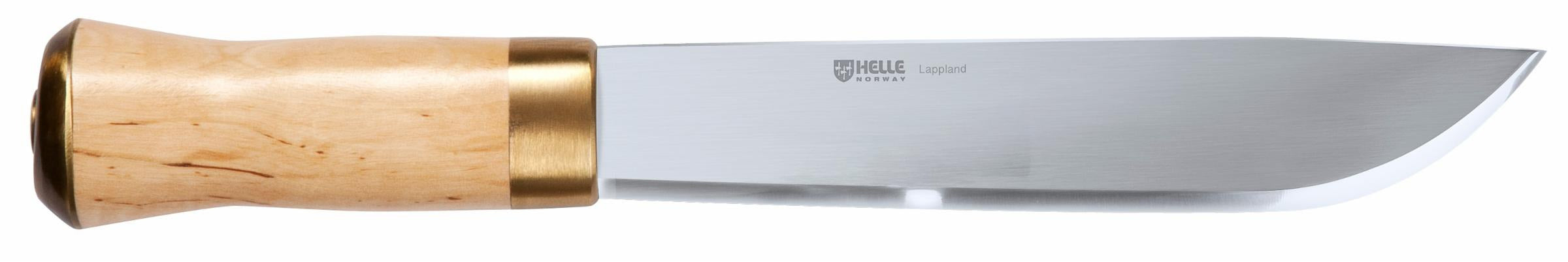 Helle Lapland knife with birch wood handle and brass guard, stainless steel blade for outdoor hunting use