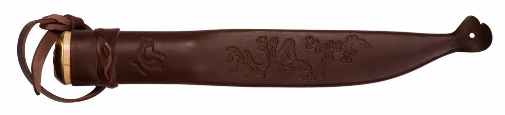 Brown leather knife sheath with embossed deer and floral design, braided strap, for hunting gear