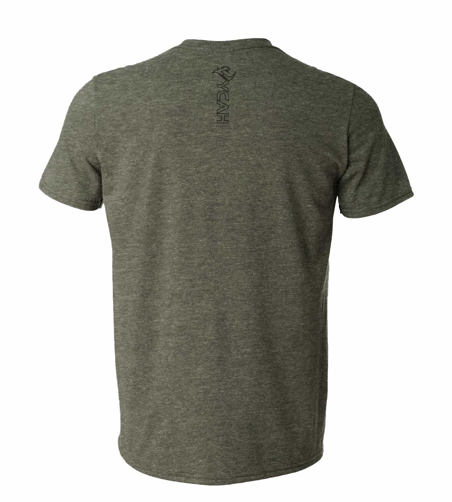 Olive green heather hunting t-shirt with vertical HYCAH logo on back, ideal for outdoor adventures