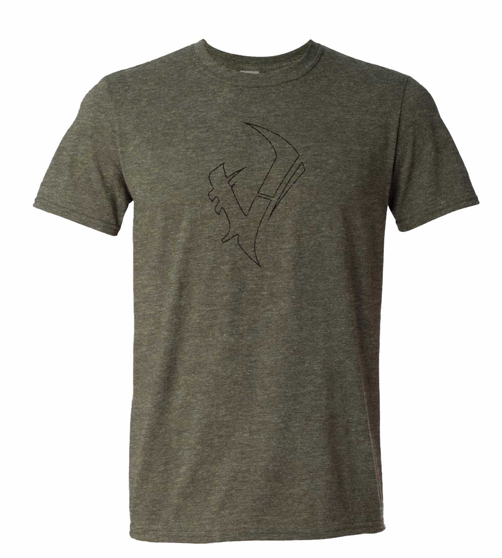Olive green hunting t-shirt with outline graphic of a bird and arrow, ideal for outdoor enthusiasts and archery gear