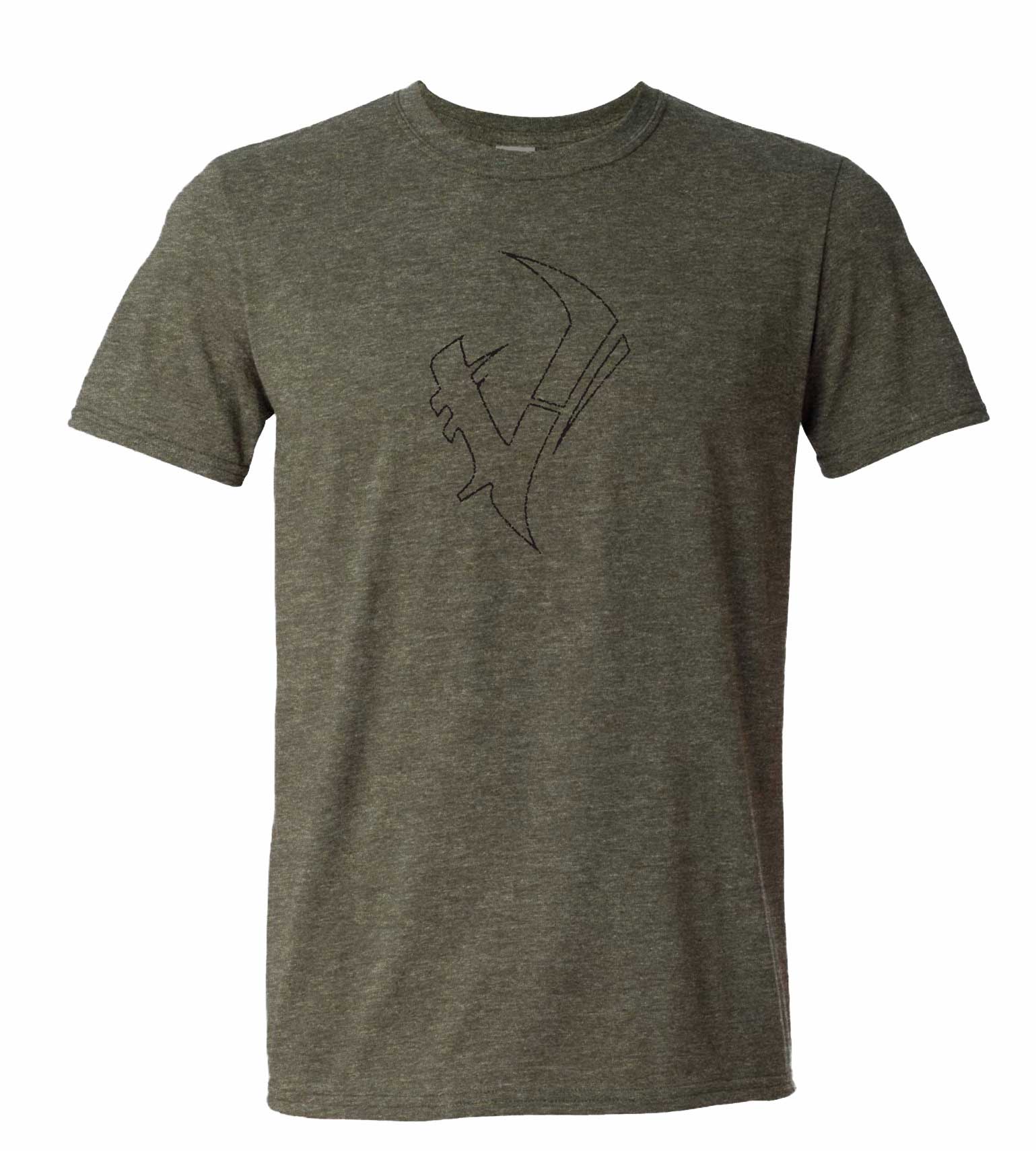 Olive green hunting t-shirt with outline graphic of a bird and arrow, ideal for outdoor enthusiasts and archery gear