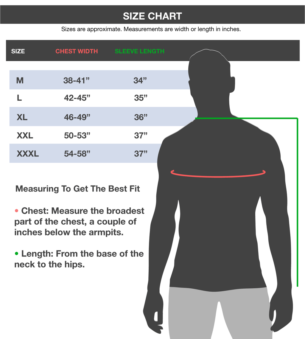 Vycah tops size chart with chest width and sleeve length measurements, M through 3XL