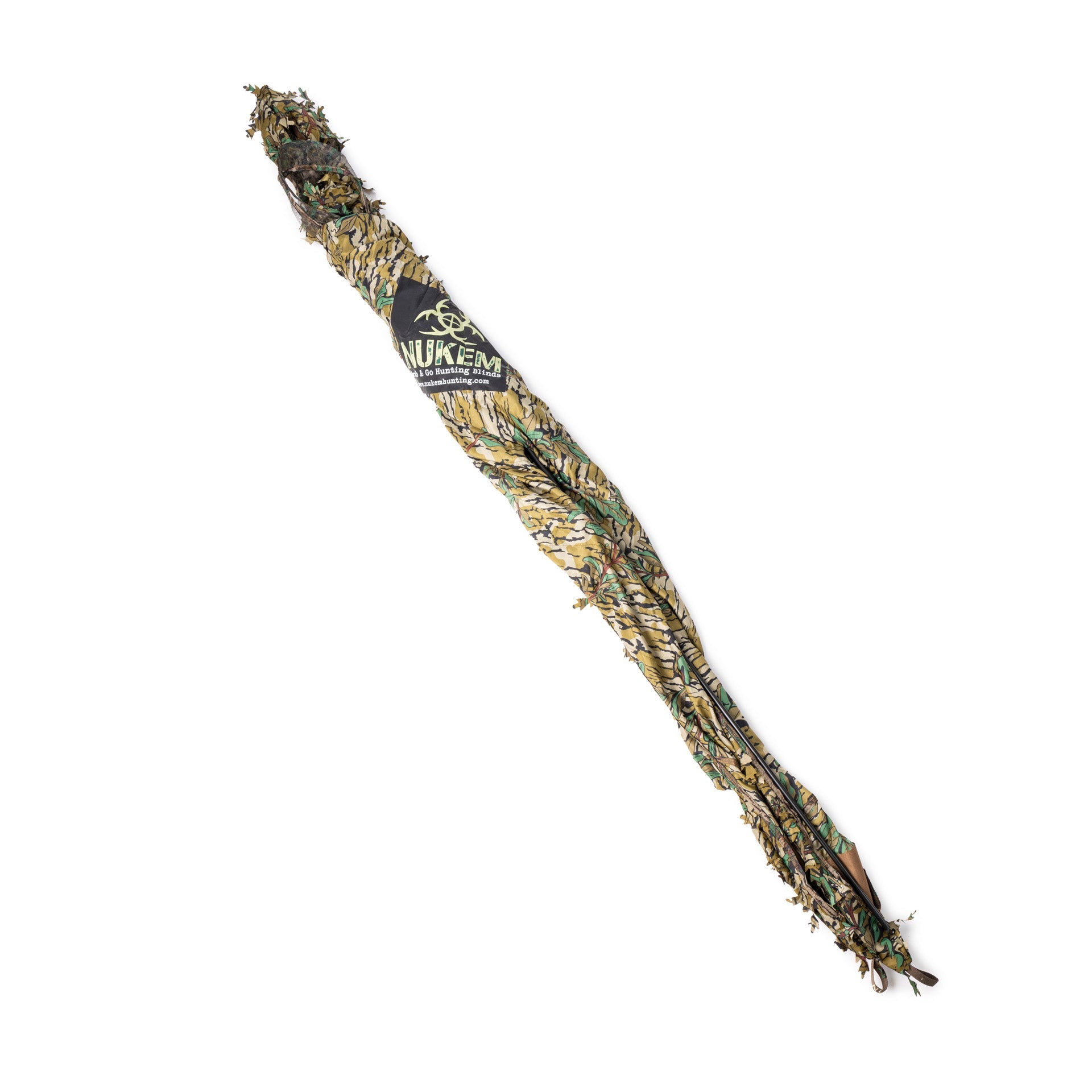 NUKEM hunting blind with leafy camo pattern for outdoor concealment