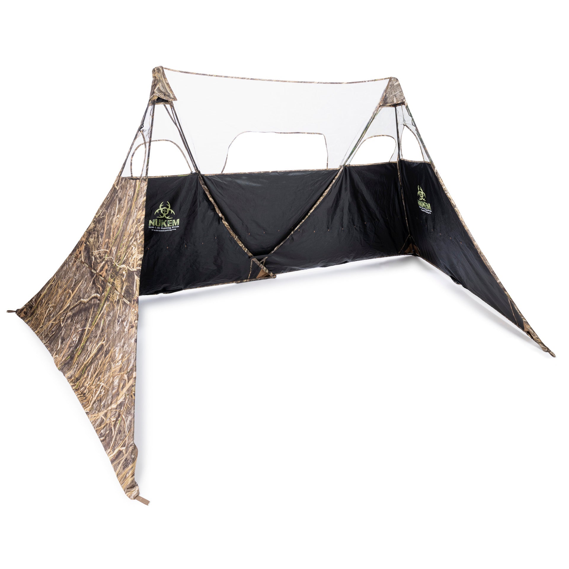Camo hunting blind with mesh windows and black privacy panels for outdoor concealment