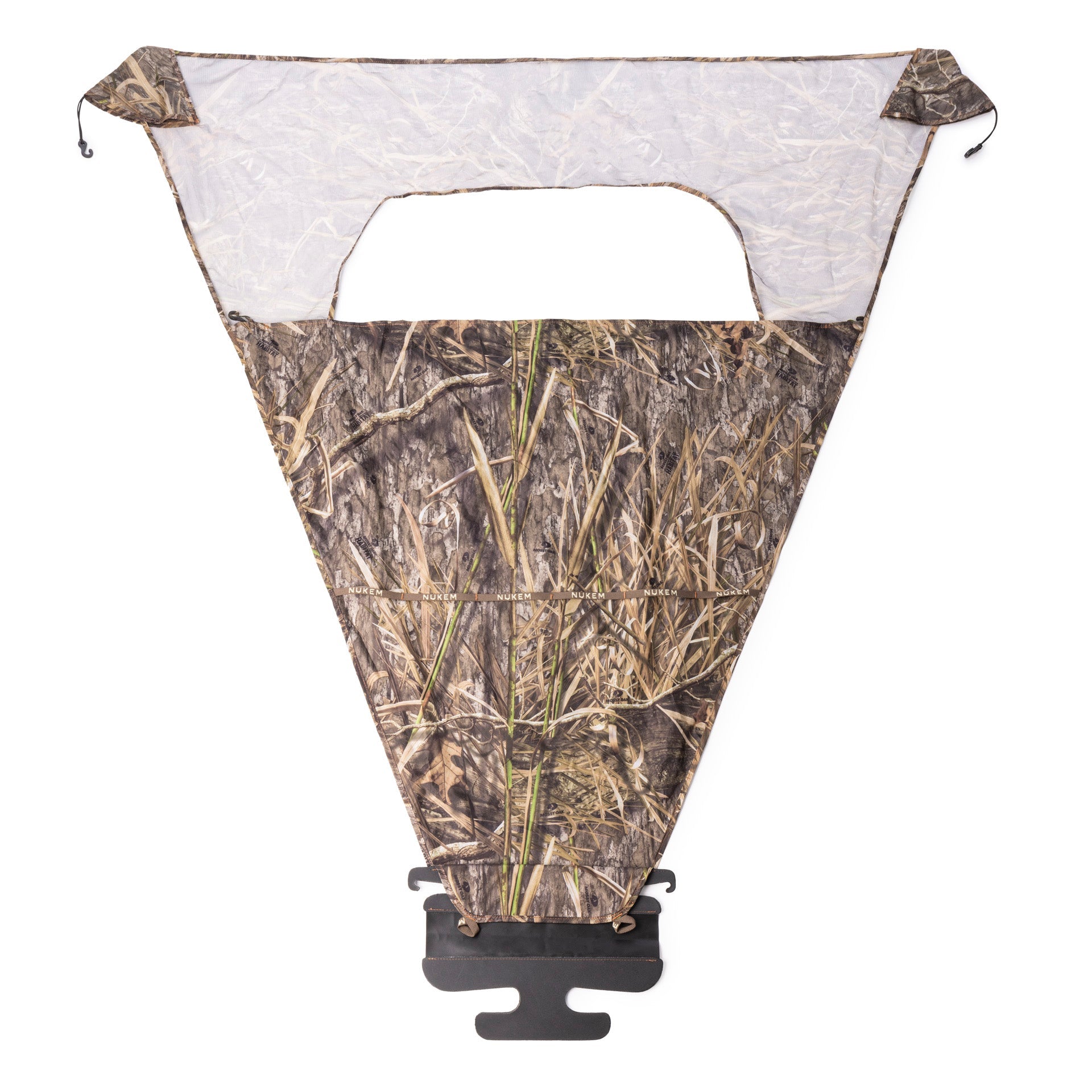 Mossy Oak camouflage hunting blind window with mesh top and adjustable straps for concealment in blinds