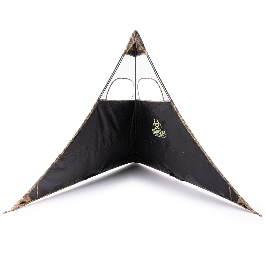 NUKEM hunting blind with camo trim and mesh windows for outdoor concealment
