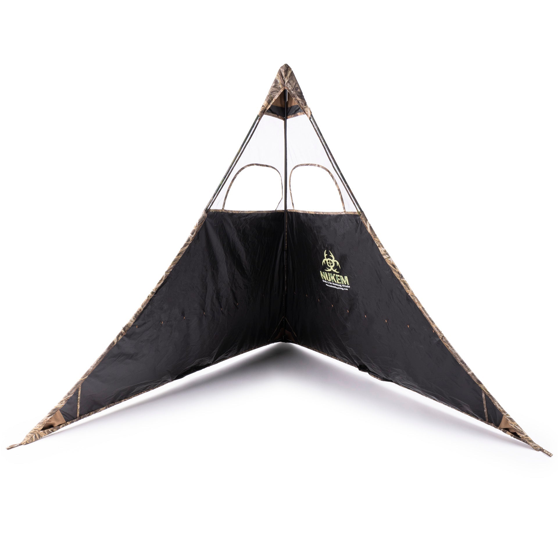 NUKEM hunting blind with camo trim and mesh windows for outdoor concealment