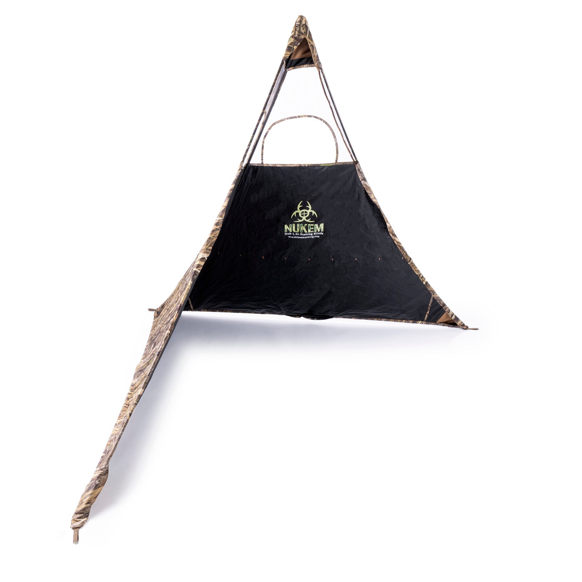 NUKEM Grab & Go Hunting Blind with camouflage pattern and black interior for outdoor hunting use