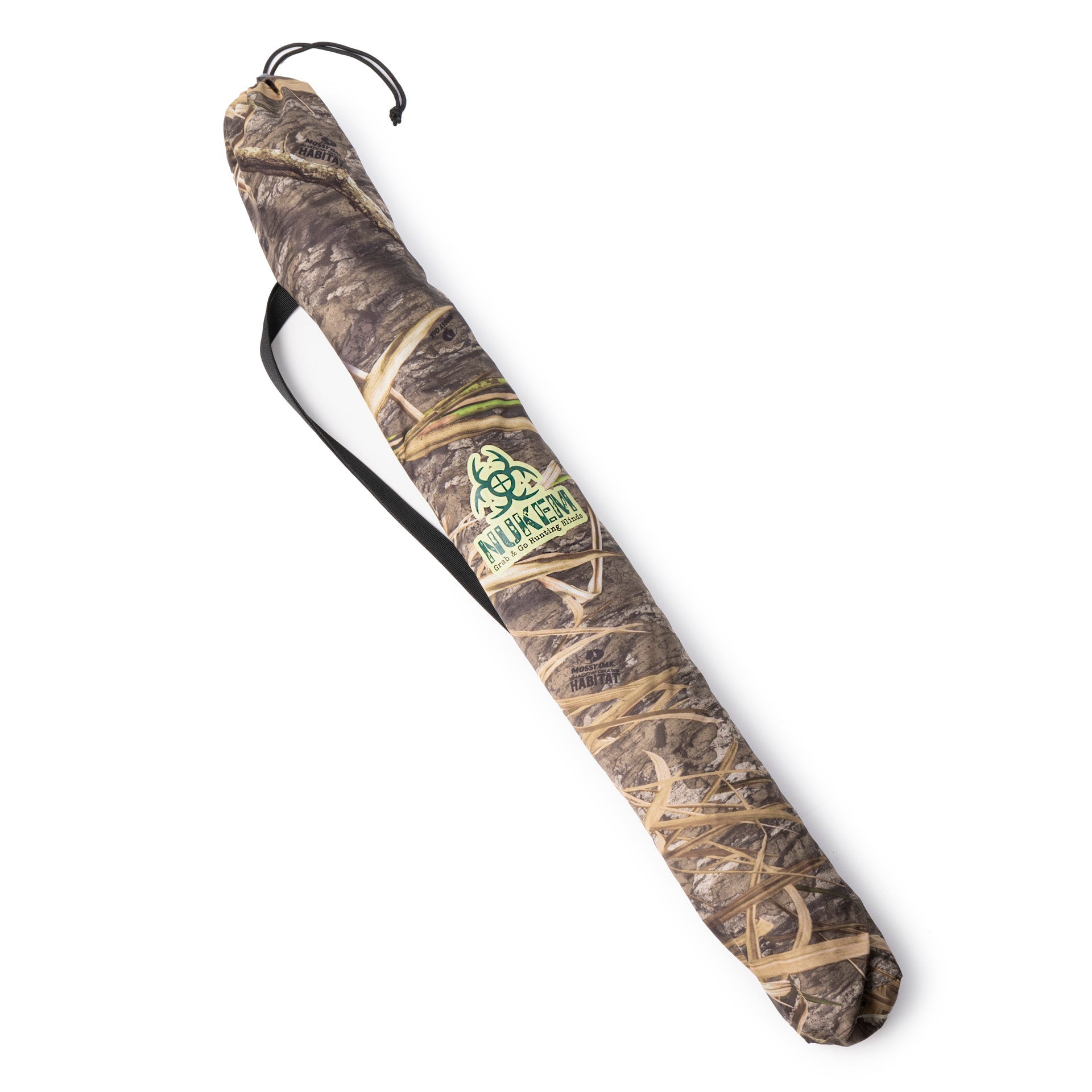 Mossy Oak Habitat camo hunting blind carry bag with Nukem logo, portable for outdoor use