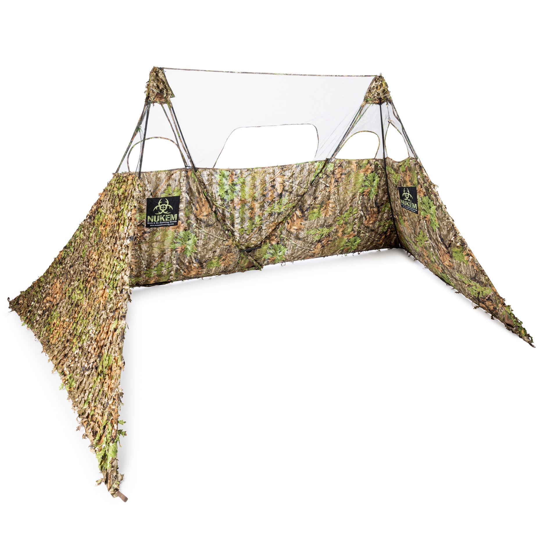 NUKEM hunting blind with leafy camouflage pattern for deer and turkey hunting