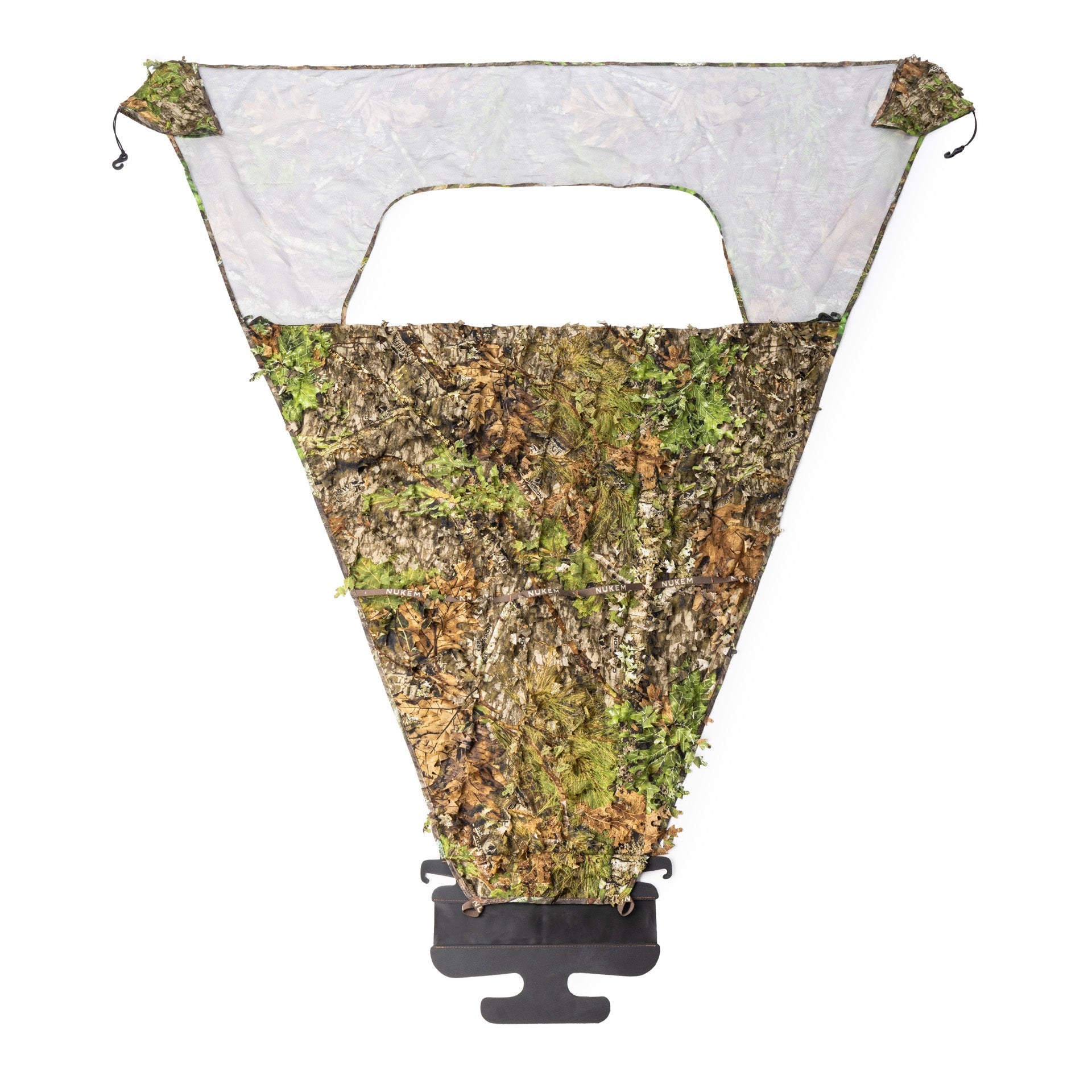 Camo hunting blind with leafy woodland pattern and mesh viewing window for tree stand concealment