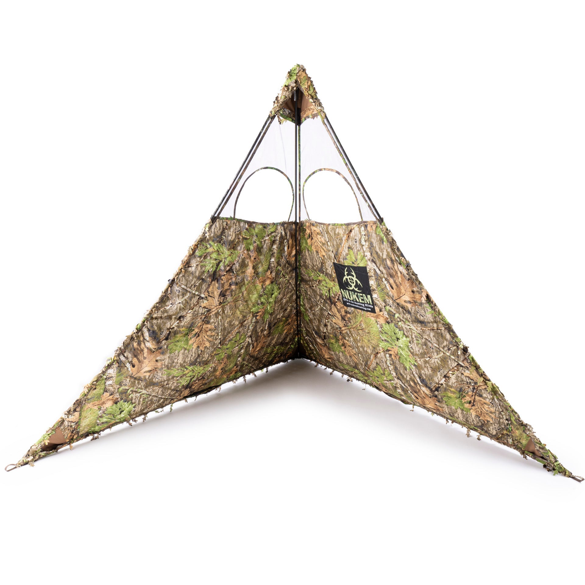 Nukem hunting blind with leafy camo pattern, mesh windows, and portable design for outdoor concealment