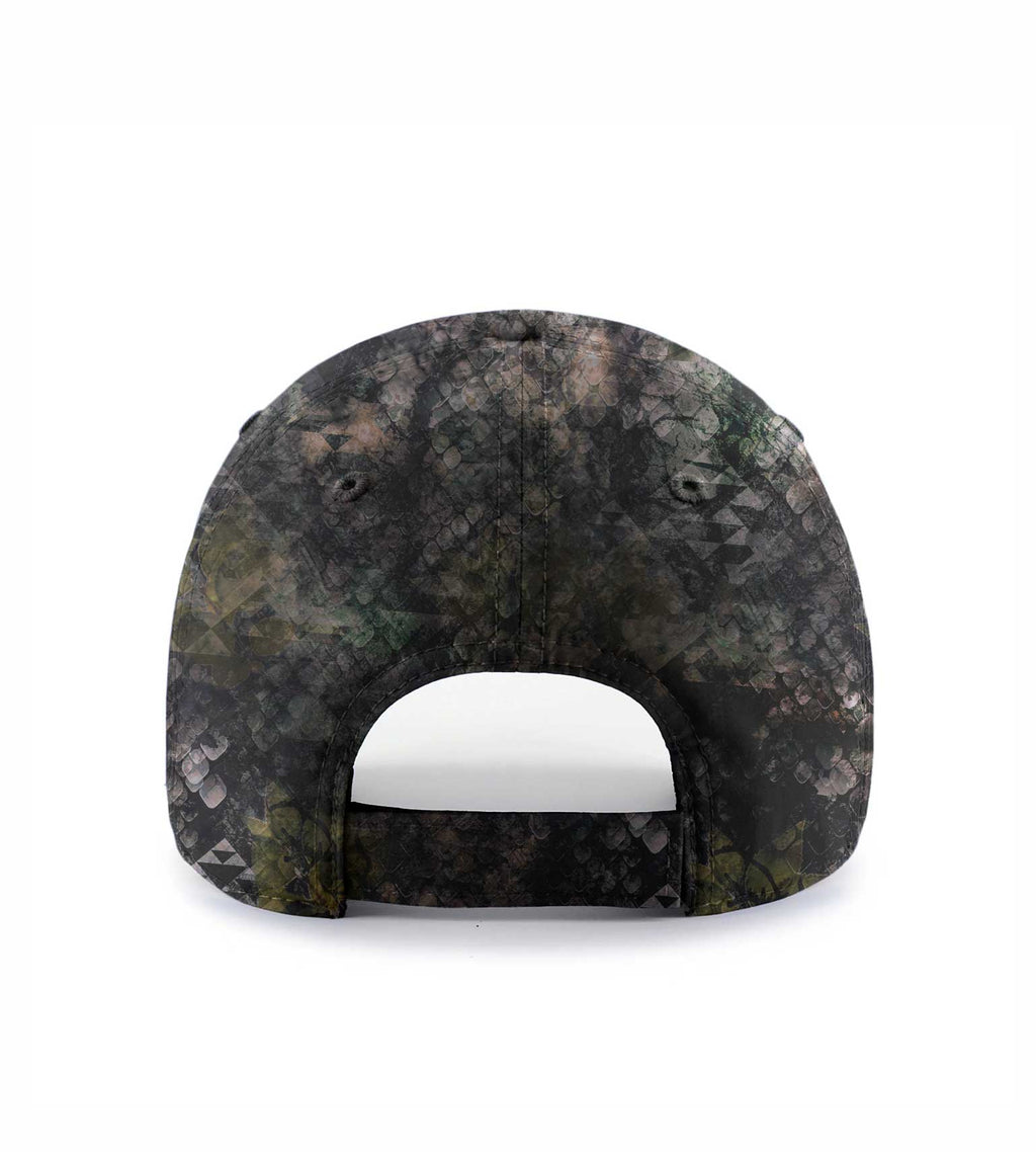 Camo hunting cap with snake scale pattern, ideal for outdoor concealment and wilderness use.