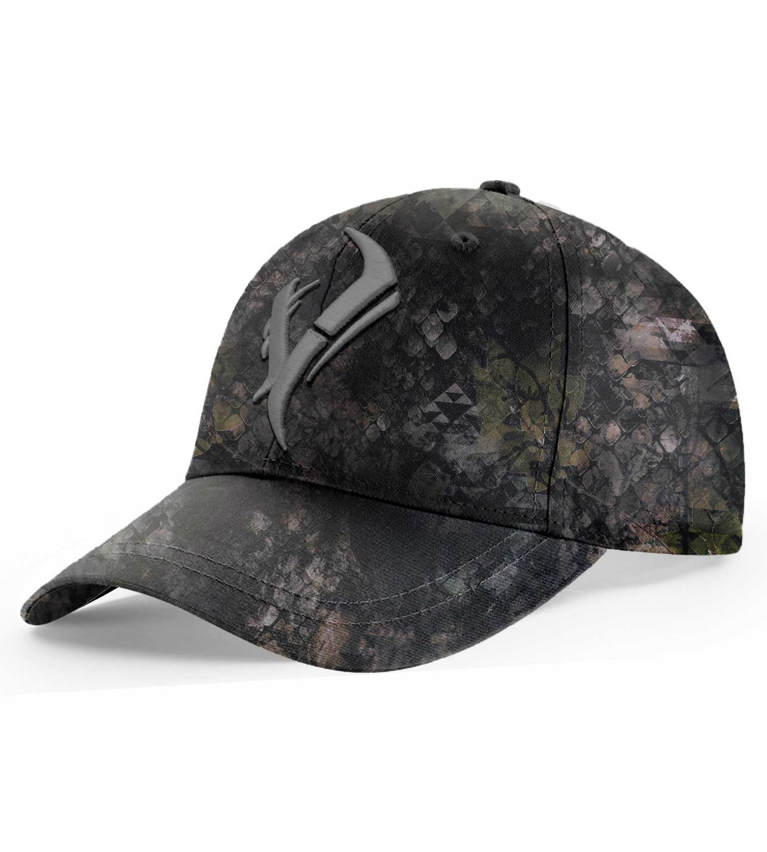 Dark camo hunting hat with 3D deer antler logo, ideal for outdoor hunting and concealment