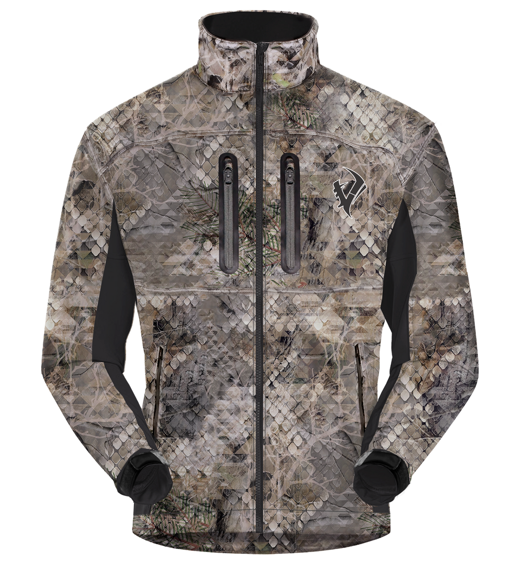 Vycah Mission Jacket in Fall camo, front view with zippered chest pockets and black side panels