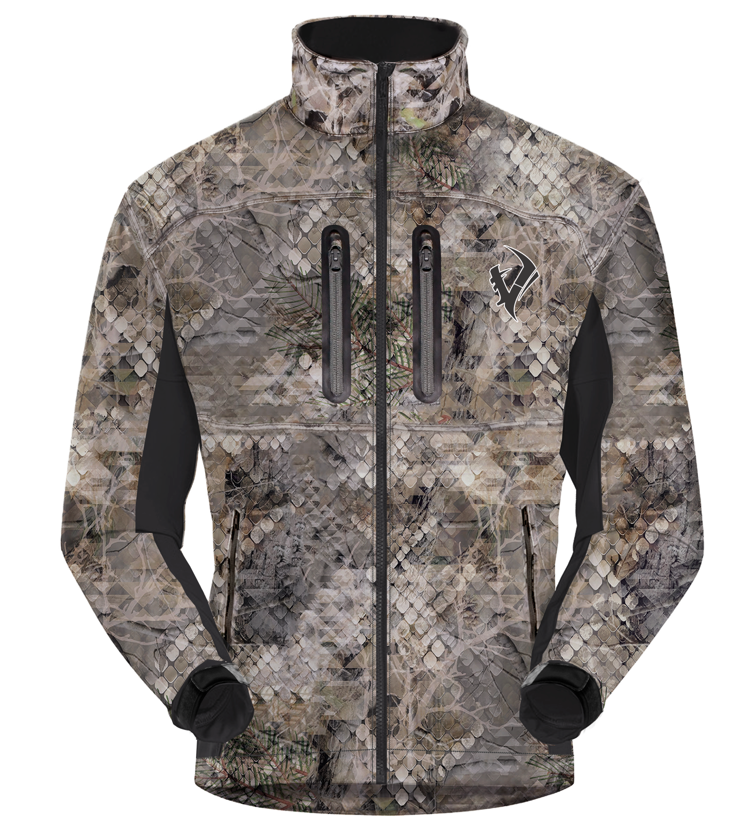 Vycah Mission Jacket in Fall camo, front view with zippered chest pockets and black side panels