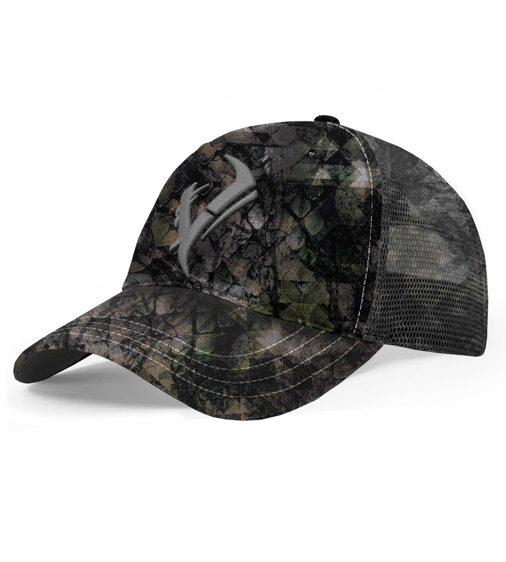 Camo trucker hat with deer antler logo, mesh back, for hunting and outdoor use