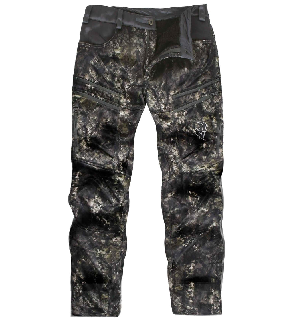 Vycah Mission Pant in Deep Woods camo, front view with zippered cargo pockets and reinforced knees