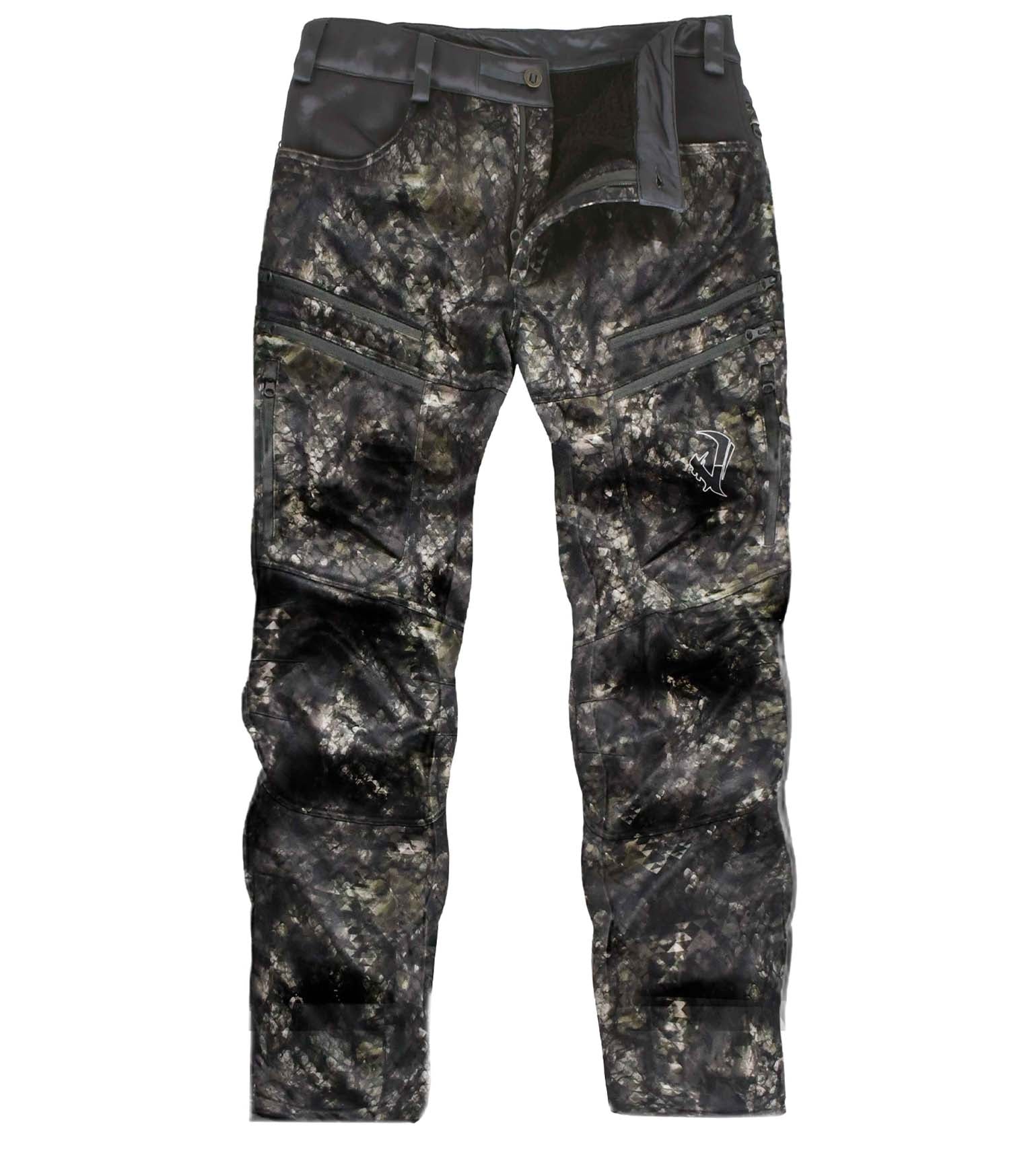 Vycah Mission Pant in Deep Woods camo, front view with zippered cargo pockets and reinforced knees