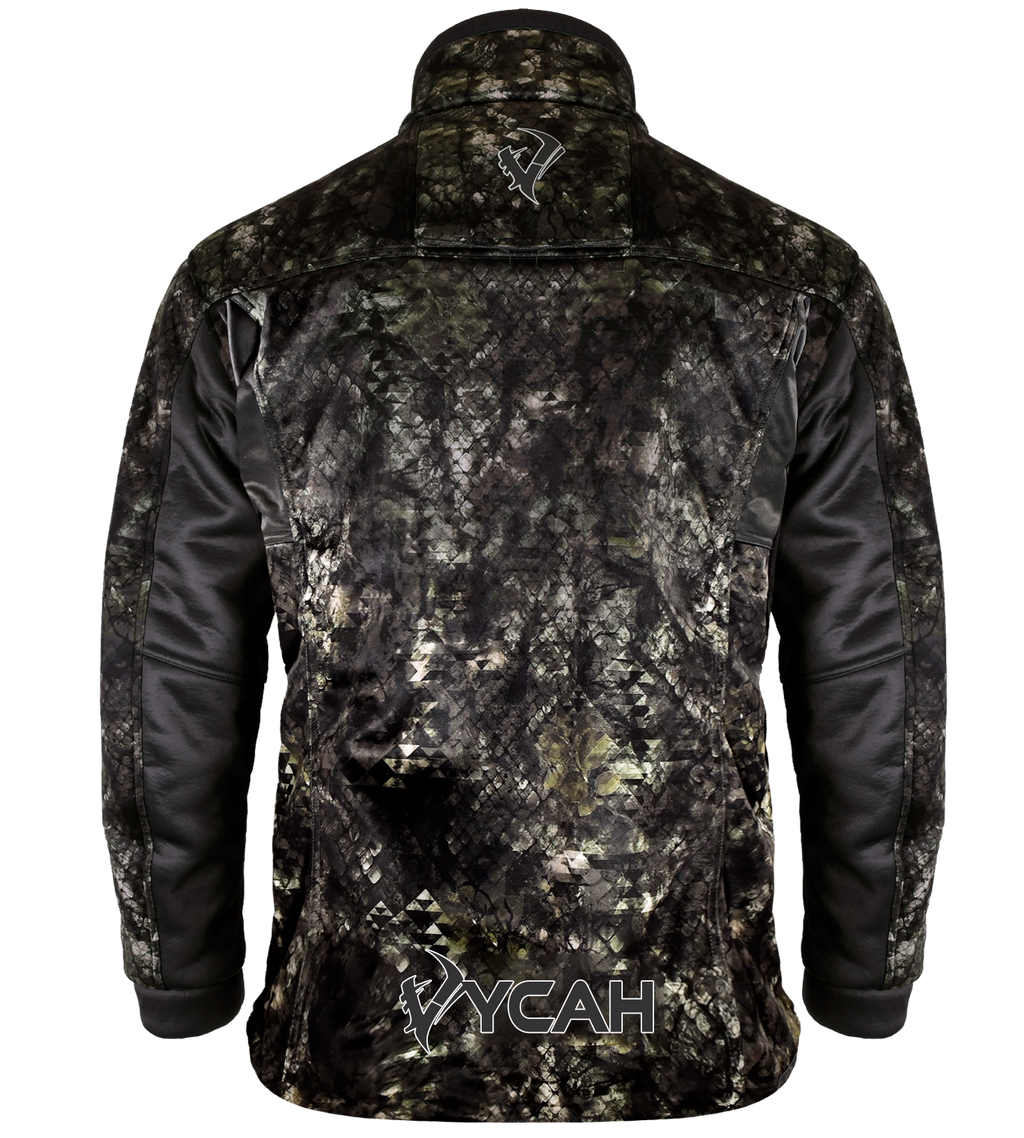 Vycah Mission Jacket in Deep Woods camo, back view with Vycah logo at the lower back