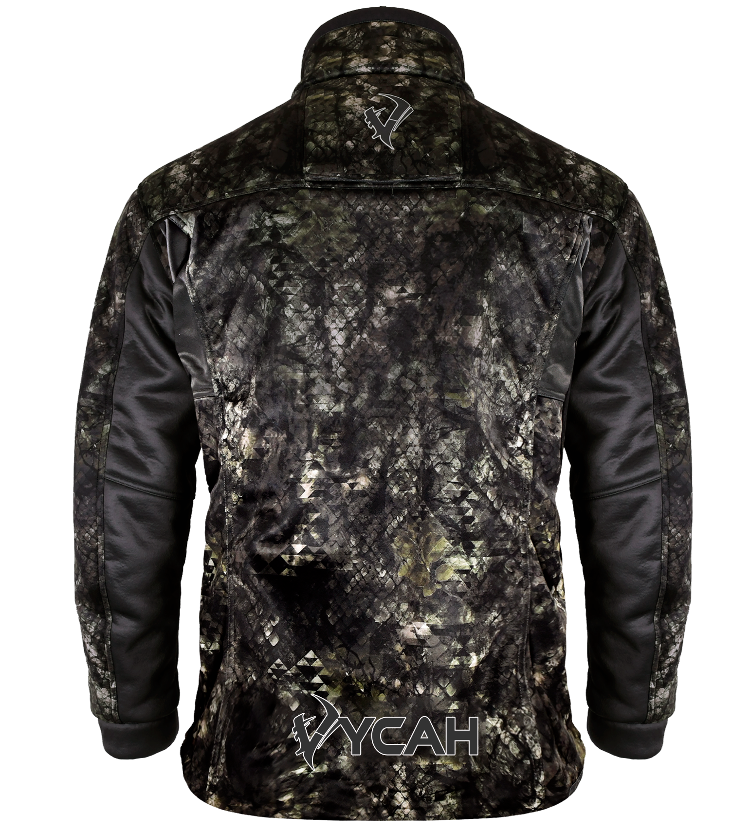 Vycah Mission Jacket in Deep Woods camo, back view with Vycah logo at the lower back