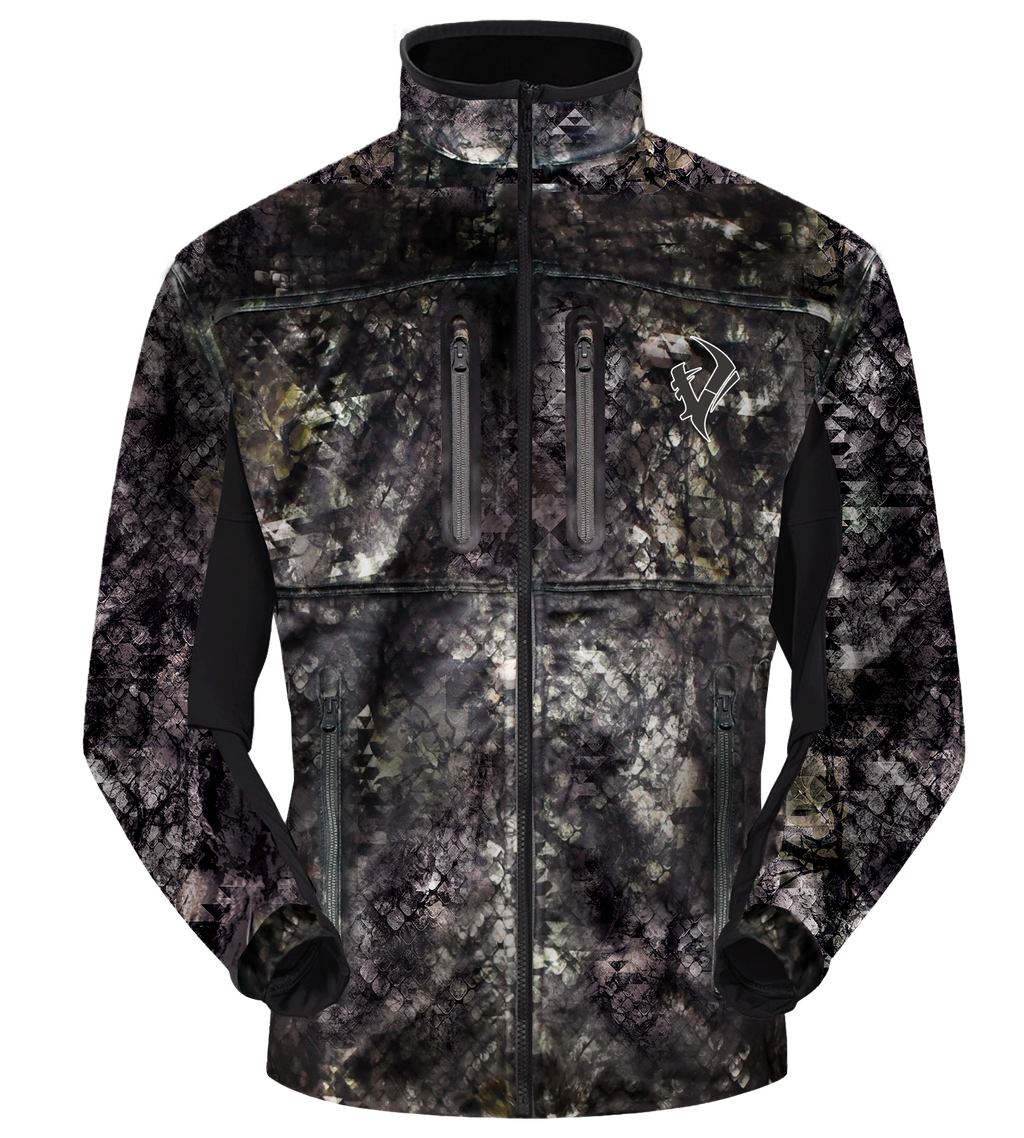 Vycah Mission Jacket in Deep Woods camo, front view with zippered chest pockets and black side panels