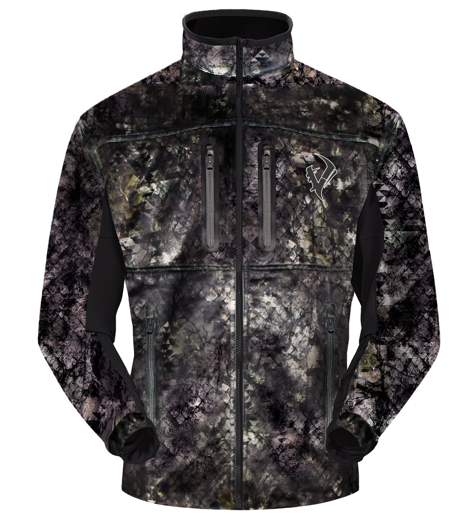 Vycah Mission Jacket in Deep Woods camo, front view with zippered chest pockets and black side panels