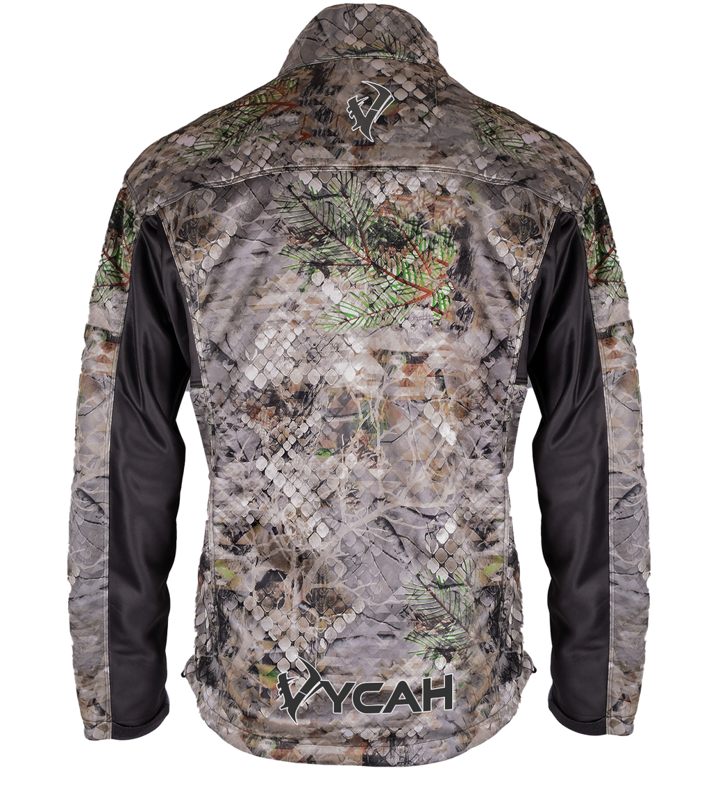 Vycah Mission Jacket in Fall camo, back view with Vycah logo at the lower back
