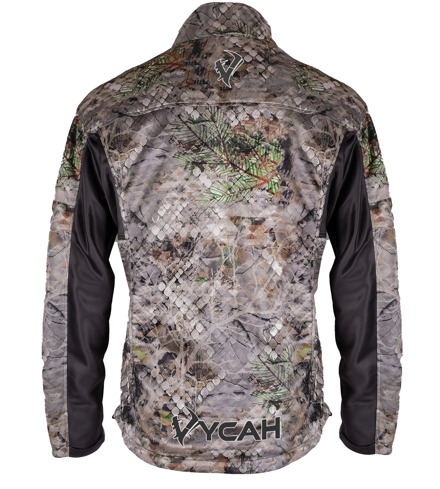 Vycah Mission Jacket in Fall camo, back view with Vycah logo at the lower back