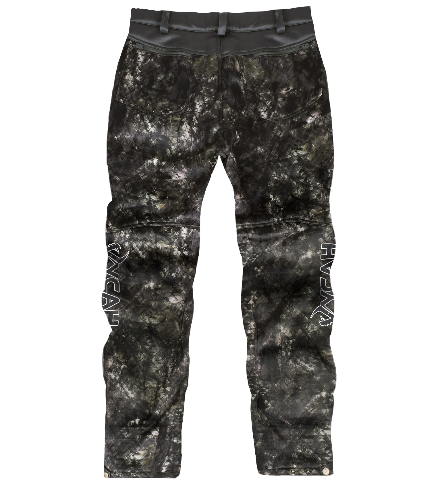 Vycah Mission Pant in Deep Woods camo, back view with Vycah logo down the leg
