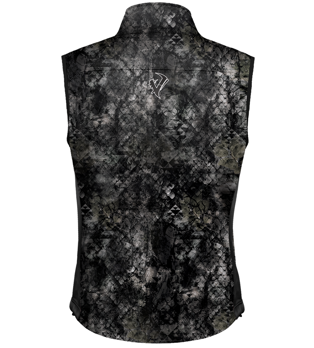 Black and gray camo hunting vest with scale pattern, high collar, and back logo for outdoor use