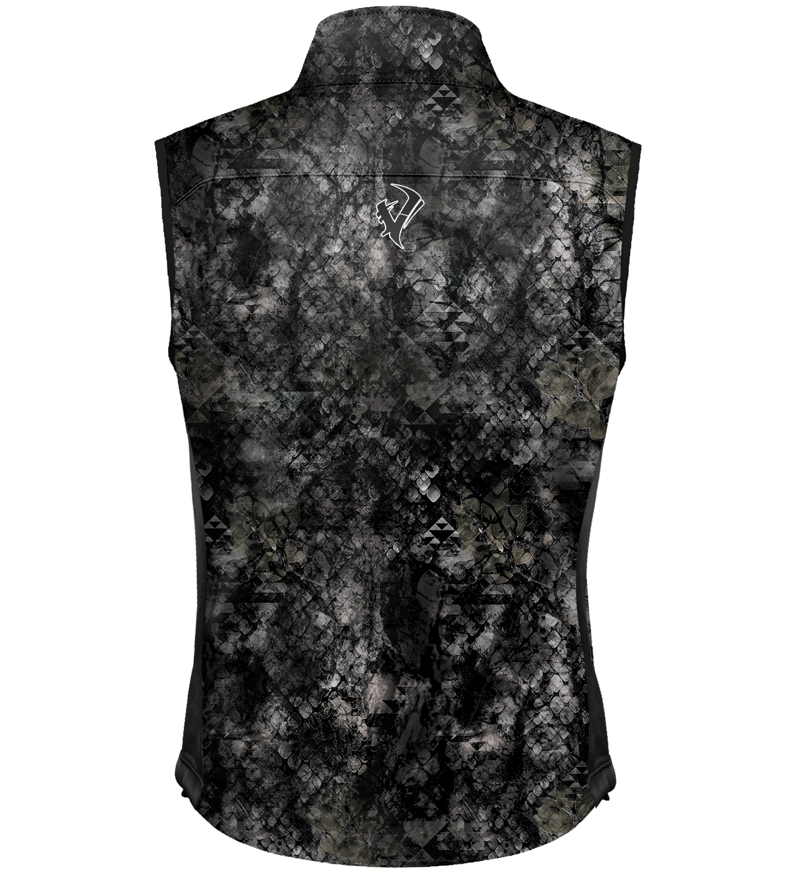 Black and gray camo hunting vest with scale pattern, high collar, and back logo for outdoor use
