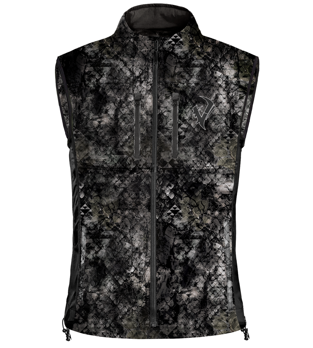 Black camo hunting vest with geometric pattern, front zipper, and side pockets for outdoor gear