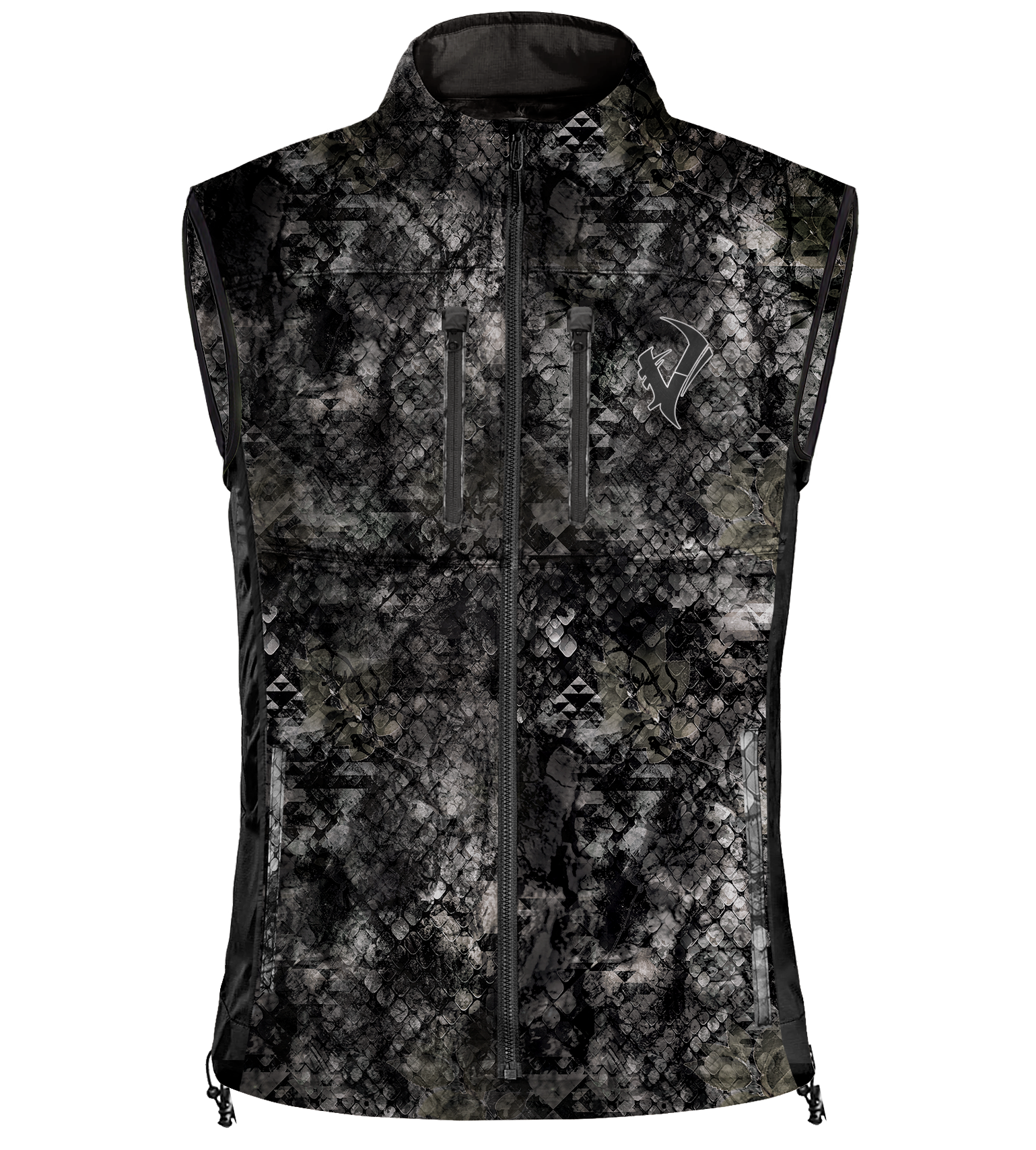 Black camo hunting vest with geometric pattern, front zipper, and side pockets for outdoor gear