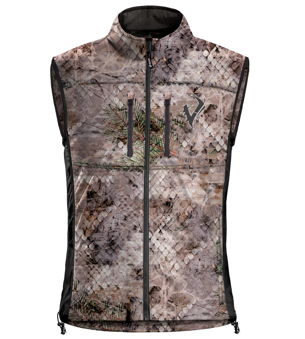 Vycah Mission Vest in Fall camo, front view with double-zip chest pockets