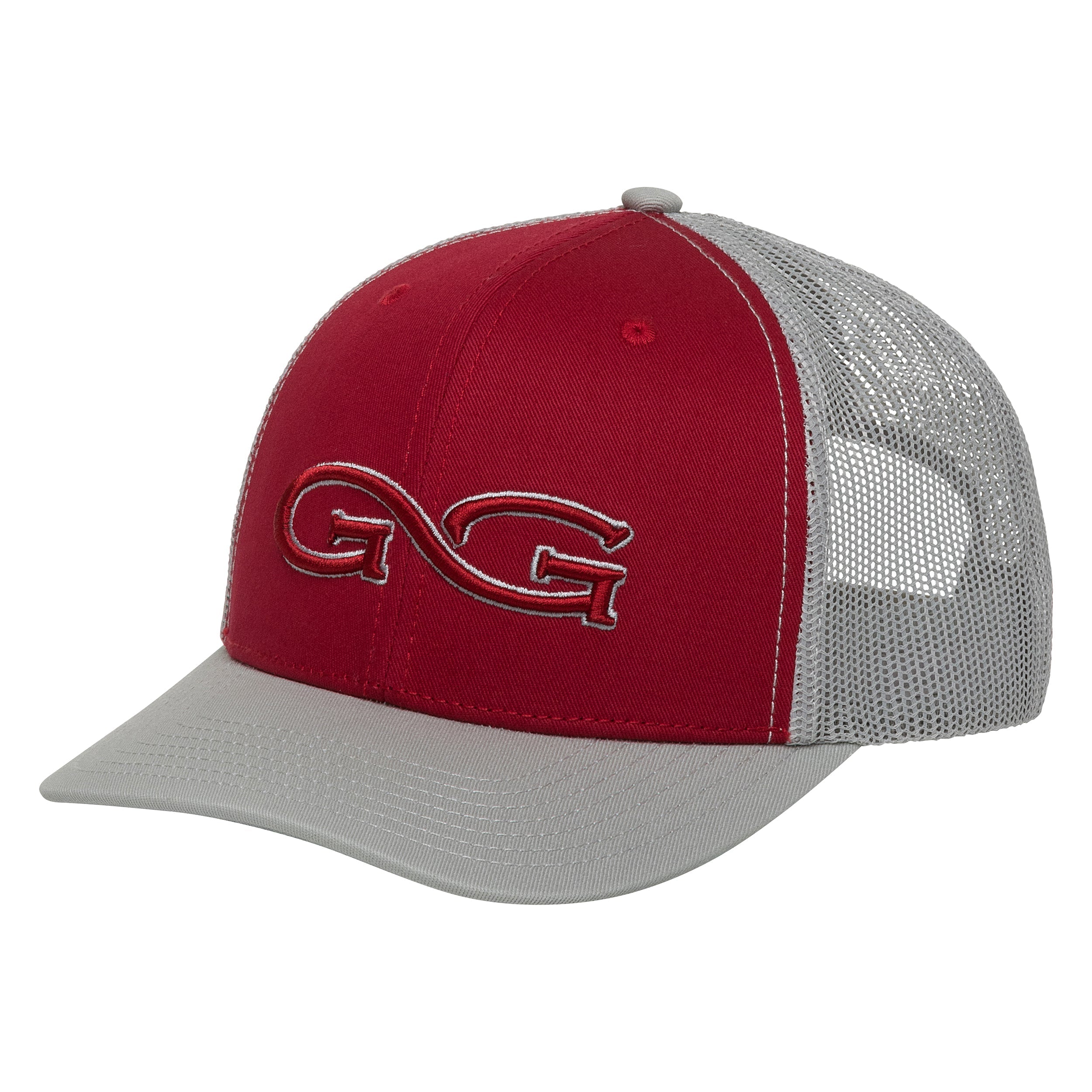 Red and gray trucker hat with embroidered G logo, mesh back, outdoor hunting apparel