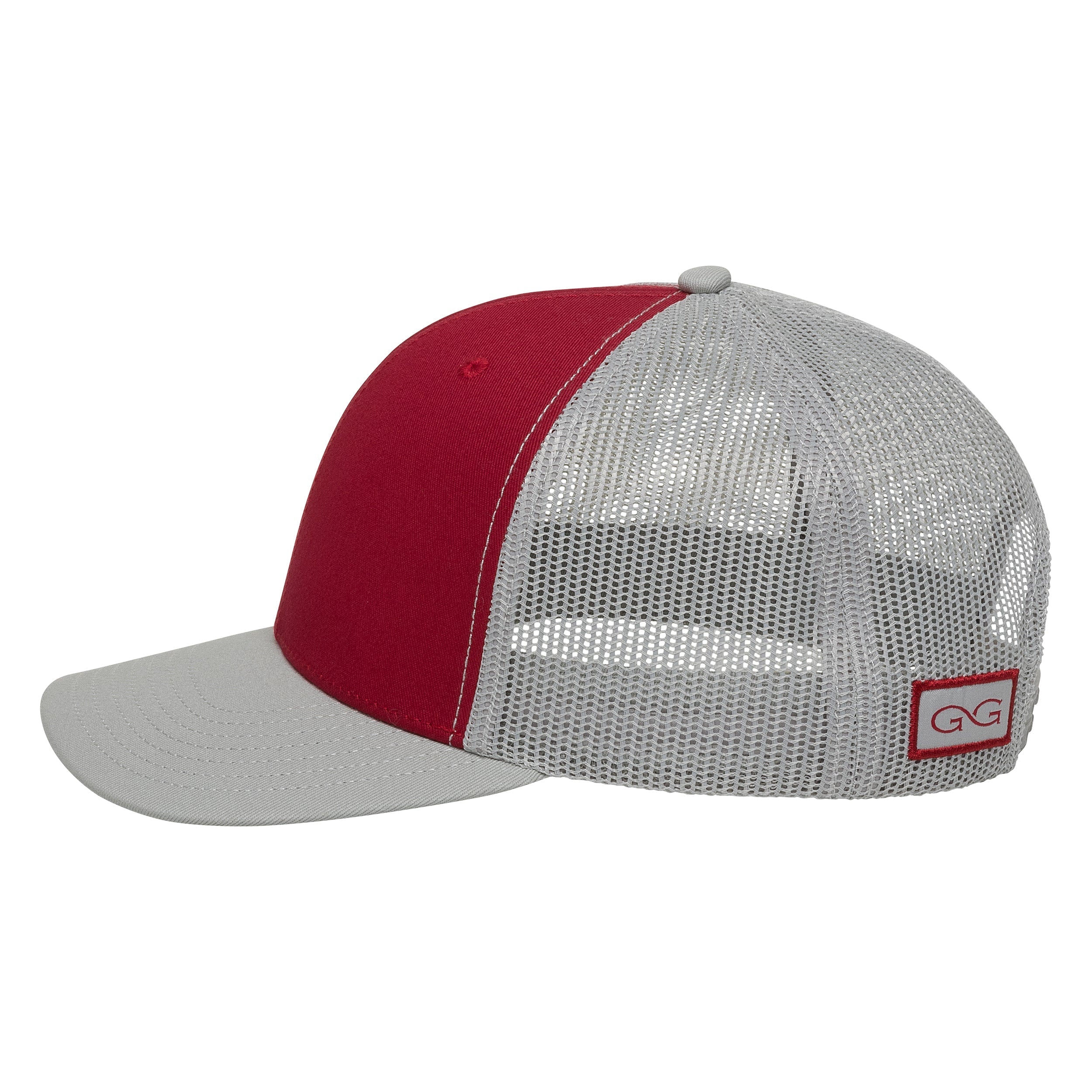 Red and gray mesh trucker hat with GG logo patch, breathable outdoor cap for hunting or fishing