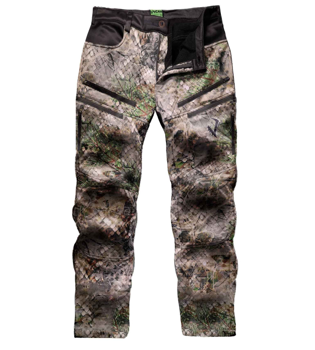Vycah Mission Pant in Fall camo, front view with zippered cargo pockets and reinforced knees