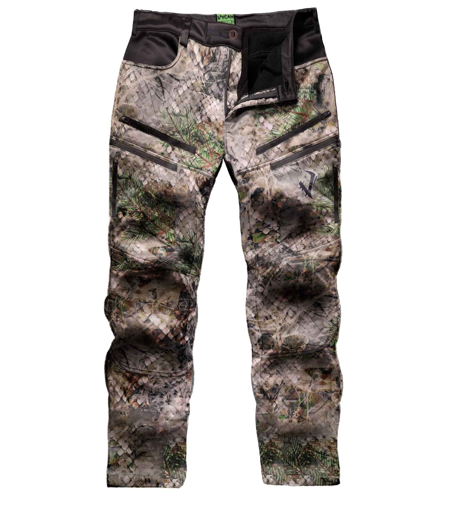 Vycah Mission Pant in Fall camo, front view with zippered cargo pockets and reinforced knees