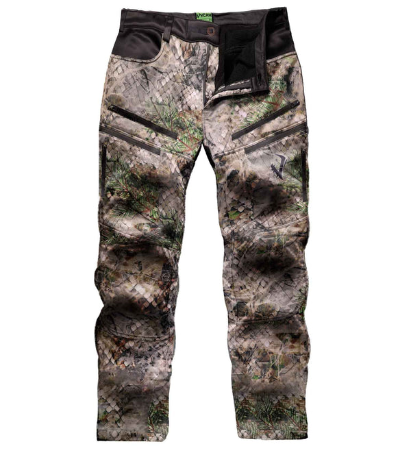 Vycah Mission Pant in Fall camo, front view with zippered cargo pockets and reinforced knees