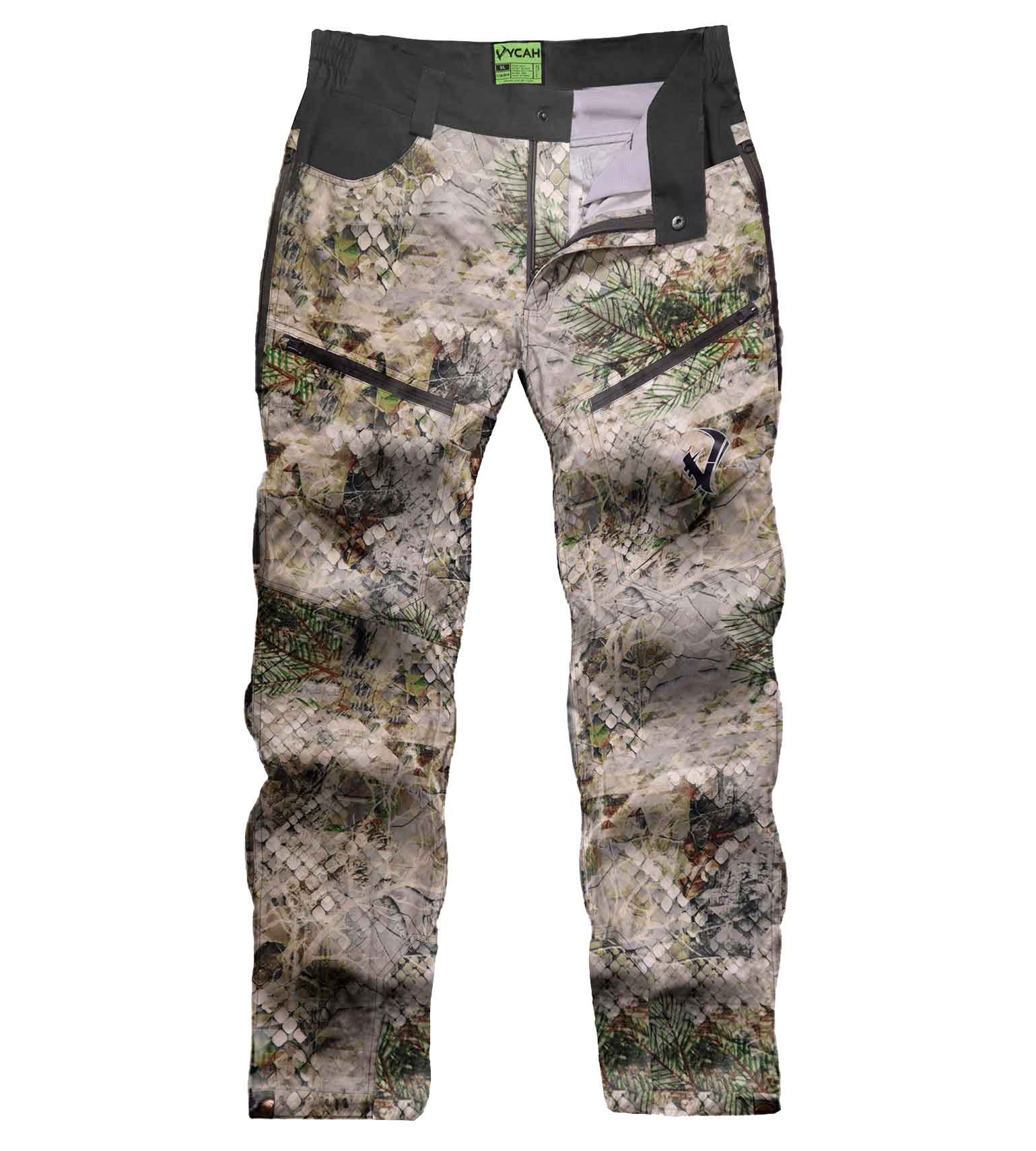 Camouflage hunting pants with forest pattern, zippered pockets, and durable fabric for outdoor use