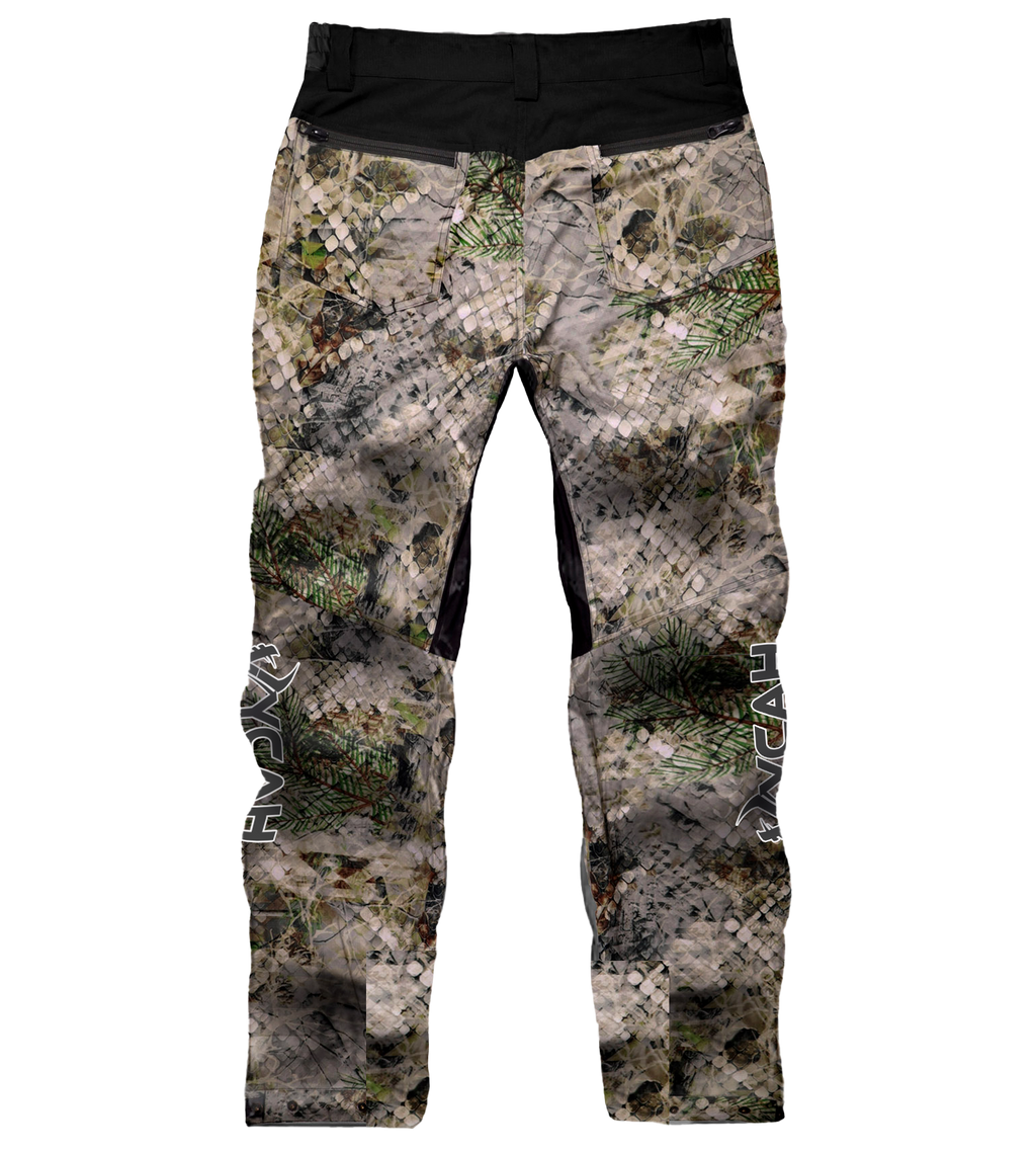 Vycah Mission Pant in Fall camo, back view with zippered rear pockets and Vycah logo down the leg