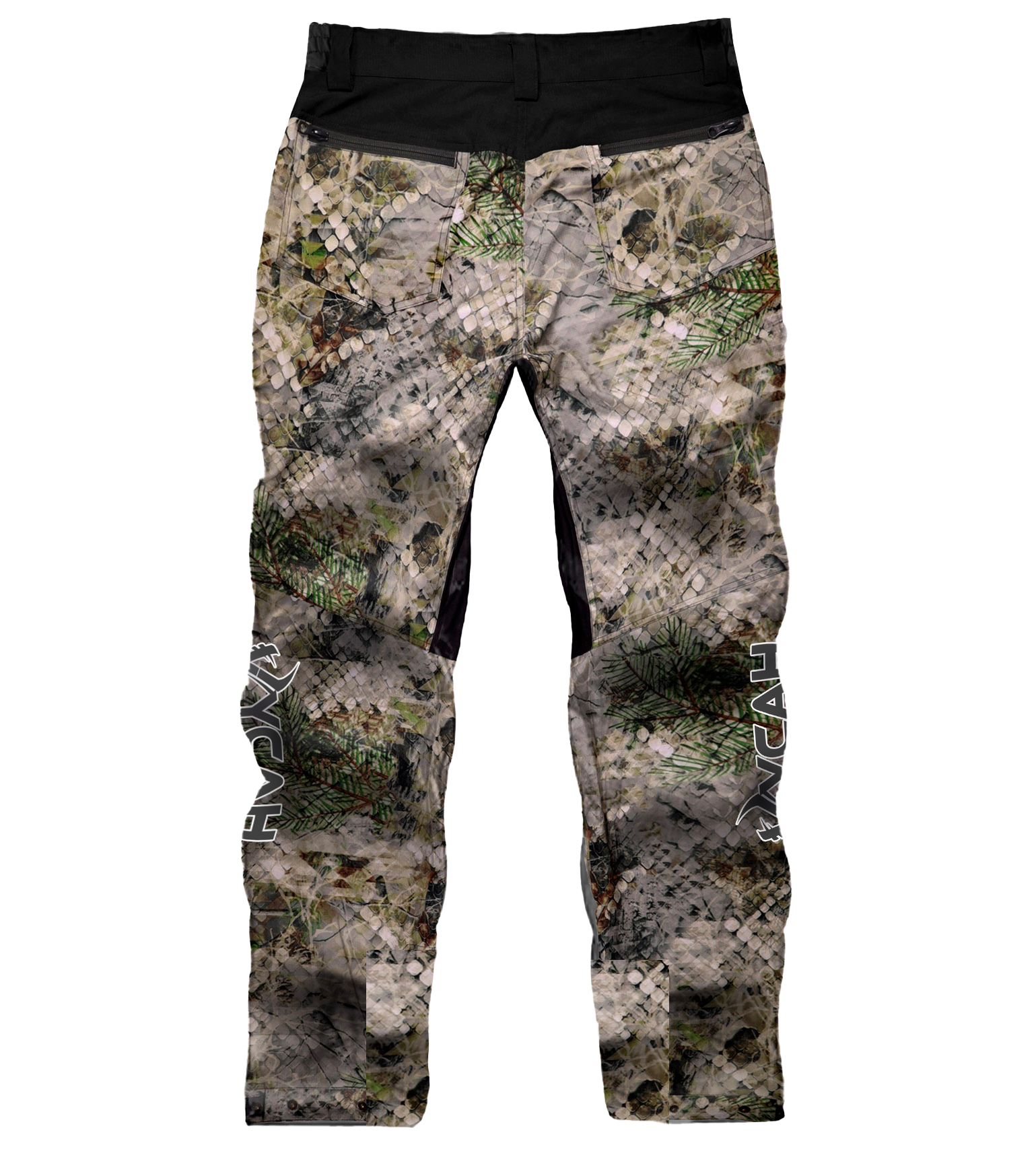 Vycah Mission Pant in Fall camo, back view with zippered rear pockets and Vycah logo down the leg